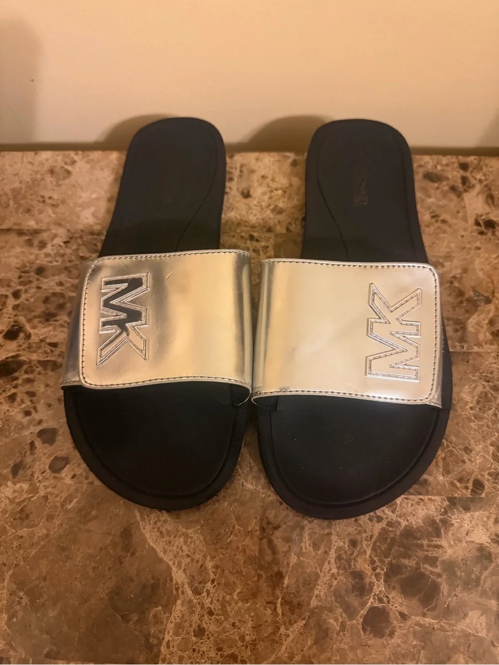 Michael Kors Women’s Metallic Silver Slides Velcro closure! - Picture 1 of 6